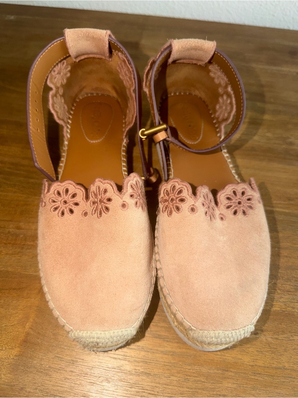 Women’s Blush Suede Espadrille Sandals with Floral Cutwork Ankle Strap